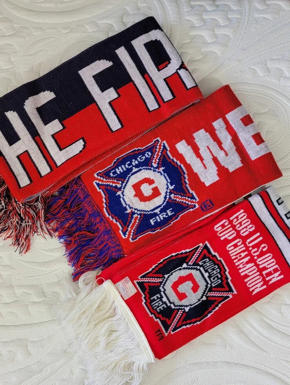 Lot Of 3 Vintage Chicago Fire Football US Soccer MLS Rectangle Fringed Scarves